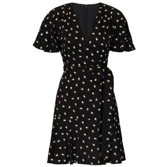 JILL STUART  Wrap Dress | Black Mini V-Neck  Floral Embroidered Size 4 Romantic - Picture 2 of 13